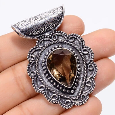 Smoky Quartz Gemstone Fashion Jewelry 925 Silver Pendant 1.8" ARP-4105 - Image 1 of 3