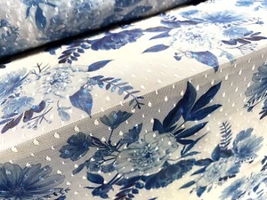Power Mesh Net Stretch Spandex Fabric, Per Metre - Floral Dobby - Blue & White - Picture 1 of 3