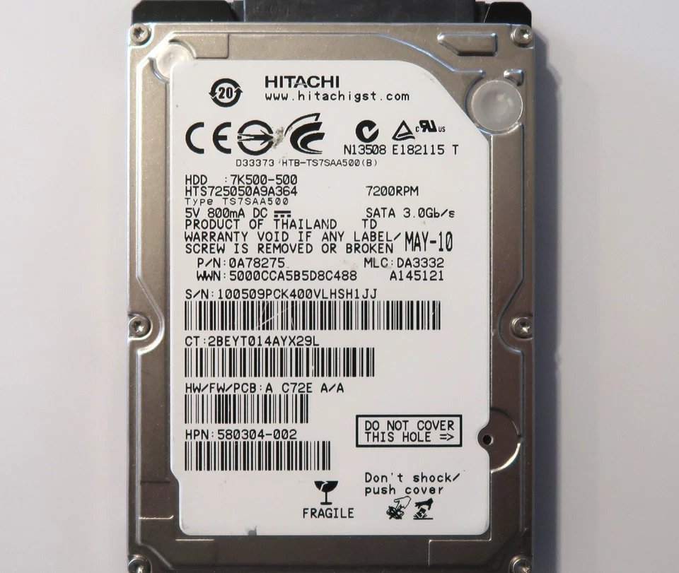 Hitachi HTS725050A9A364 PN:0A78275 MLC:DA3332 Thailand 500GB SATA 2.5" MAG-10 - Immagine 1 di 1