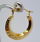 Single Engraved Hoop Earring 14.5Mm Round 9Ct Solid Yellow Gold Italian One Only