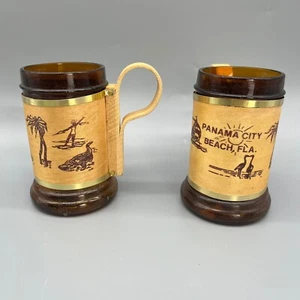 2 Vintage Souvenir Mugs Panama Beach Amber Glass Wood Alvin Island Stein Set NWT - Picture 1 of 7