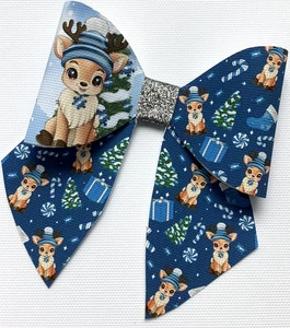 RUBY REINDEER BLUE XMAS 4" PRINTED CANVAS FABRIC SAILOR BOW TEMP MAKE HAIR BOWS - Picture 1 of 4