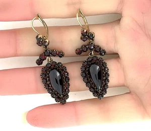 Vintage Czech Garnet Dangle Earrings Gold Plated Brass - Picture 1 of 6