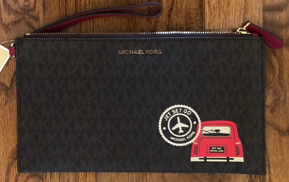 NEW Michael Kors Brown Zip Clutch Wristlet Jet Set Go Signature - Image 1 of 4