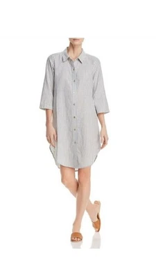 XL/1X 50” Bust Eileen Fisher Cotton Hemp Blue cream  striped Dress - Image 1 of 4