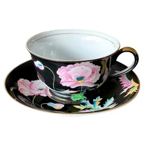 Taza de té y platillo Chugai China Japón ocupado amapola rosa y negro pintado a mano dorado - Imagen 1 de 8