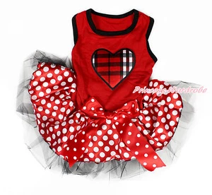 Valentine Plaid Heart Hot Red Sleeveless Minnie Dot Skirt Dress Pet Dog Outfit - Imagen 1 de 1