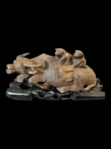 Chinese Wood Carving 2 Children on Buffalo Republic Period Antique On A Base - Picture 1 of 13