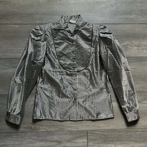 AJ Bari Formal Top glänzend metallic silber Print L XL 12 Vintage 80er Bluse Fehler - Bild 1 von 11