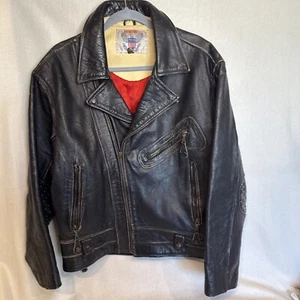 VTG Vanguard Black Leather Jacket Motorcycle UNIQUE!! Distressed Perfecto-Style - Picture 1 of 24