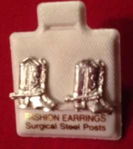 New Silver Cowboy Boot With Spurs Earrings Surgical Steel Posts - Picture 1 of 2