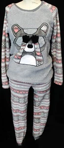 Secret Treasures Gray Fleece Pajama Set Women's XS Racoon Pink Loungewear - Picture 1 of 11