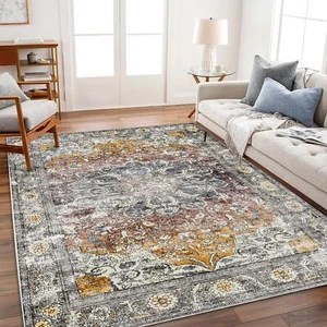 Kitchen Non Slip Floor Mat Area Rug 6x9 Washable Brown Grey Vintage Traditional - Picture 1 of 5