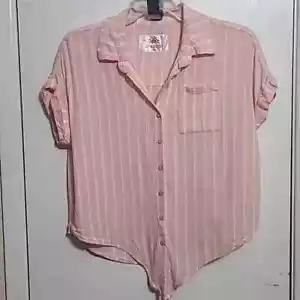 JUSTICE Girls Pink White Striped Button Up Tie at Waist Blouse - Size 12 - Picture 1 of 13