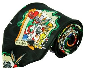 Cravatta da collo uomo vintage Looney Tunes Mania Natale insetti coniglietto Babbo Natale nero 58x4 - Foto 1 di 6