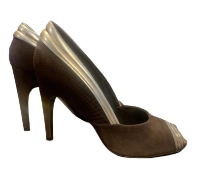 Elie Tahari Brown Suede Open Toe High Heel Pumps w Muted Gold Leather Trim Sz 7 - Image 1 of 4