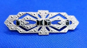 Vintage Art Deco Brosche 80er MCM geometrisch silberfarben schwarz Emaille Anstecknadel 2,5" - Bild 1 von 6