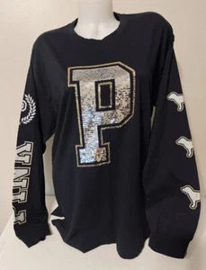 Victoria Secret PINK TSHIRT XS LANGARM Damen Oberteil Tee Logo Pailletten Bling - Bild 1 von 7