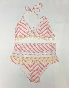 Skylety Women's High Waist Two Piece Swimsuit Bikini Tassel Trim Halter Pink Str - Picture 1 of 4