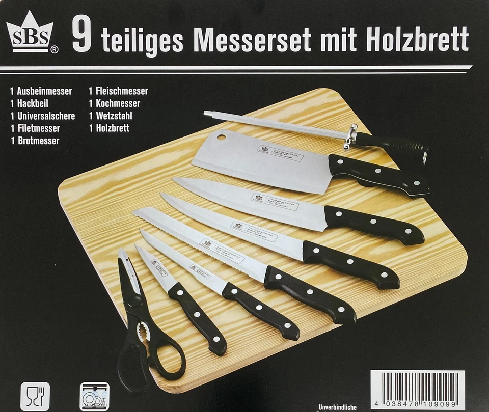 Messerset 9-teilig Edelstahl SBS mit Holzbrett - Bild 1 von 3