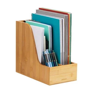 Vertical File Storage, Desktop Organizer, Magazine Holder, Office, Bamboo, Brown - Picture 1 of 6