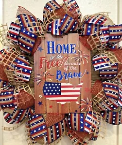 Farmhouse HOME OF THE FREE ๐ Burlap DECO MESH Wreath AMERICAN FLAG 4th of July - Picture 1 of 8
