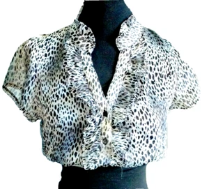 Womens TEMT V-Neck Ruffled Blouse Size 10 Short Sleeve Black Grey *VGC* - Picture 1 of 7
