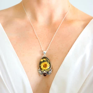 Baltic Amber Necklace- Handmade Cameo Sunflower and Spider in Sterling Silver - Picture 1 of 7