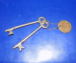 Pair Antique Mortise Lock Skeleton Keys with Brass Tag on Beaded Keychain - Picture 1 of 2