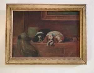Vintage 1899 antikes kleines Original Ölgemälde Kavalier König Charles Spaniels - Bild 1 von 12