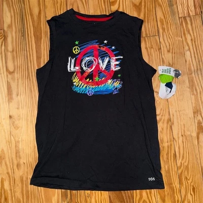 DSG 男孩 XL 黑色 Peace Love 背心无袖夏季肌肉衬衫全新带标签嬉皮士 — 第 1/4 张图片