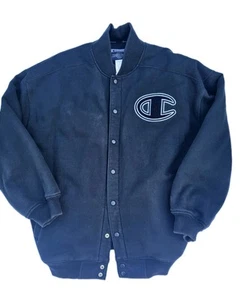 Giacca vintage Champion Varsity lettera L nera bomber snap grande logo C cappotto trapuntato - Foto 1 di 5