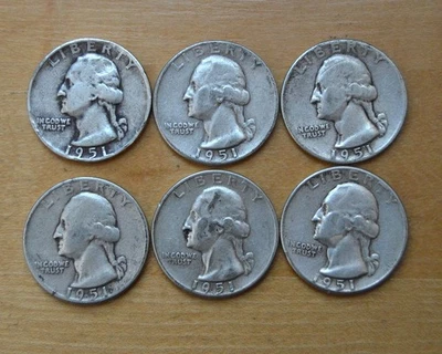 6 WASHINGTON QUARTERS 1951 90% Silver, 10% Copper - Image 1 of 2