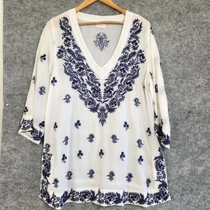 Lula Soul Top Womens Size L White Floral Boho Resort Holiday Flowy Cotton - Picture 1 of 10
