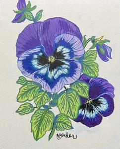 Quadro acrilico originale viola pansies fiore 8x10, firmato, non incorniciato - Foto 1 di 2