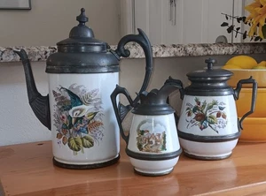 Early Manning Bowman Graniteware Pewter Coffee Cream Sugar Trio RARE Enamelware - Picture 1 of 17