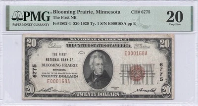 The FNB of Blooming Prairie MN $20.00 1929 PMG 58 Charter 6775 Serial # 000168 - Image 1 of 2