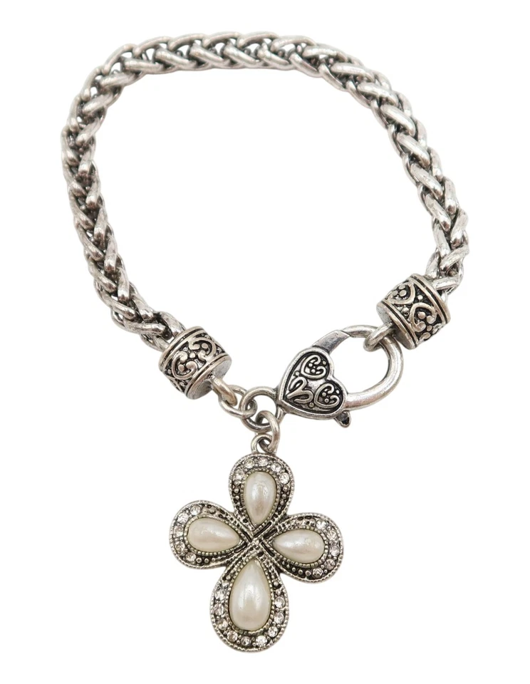 Pulseira corrente berloque cruz strass pérola falsa tom prata bizantino - Imagem 1 de 4