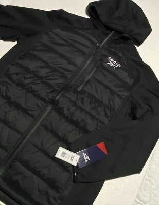 男式 Reebok Puffer 夹克外套连帽风黑色大号新品 — 第 1/4 张图片