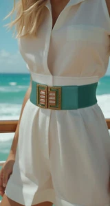 Women Teal Blue Elastic Girl Teen Fashion Belt Gold Bling Square Buckle Size S M - Picture 1 of 24