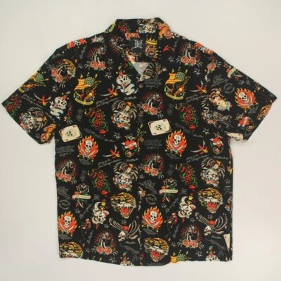 Camisa de campamento Ed Hardy para hombre tatuaje calavera talla grande negra manga corta abotonada Foto 1 de 4