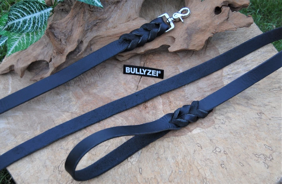 BULLYZEI Extra BREITE Lederleine schwarz 25mm Scheren-Karabiner 60cm-10m Schleppleine