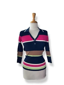 Polo TANYA TAYLOR aderente colorata a righe maglia a costine con colletto scollo a V taglia XS - Foto 1 di 12