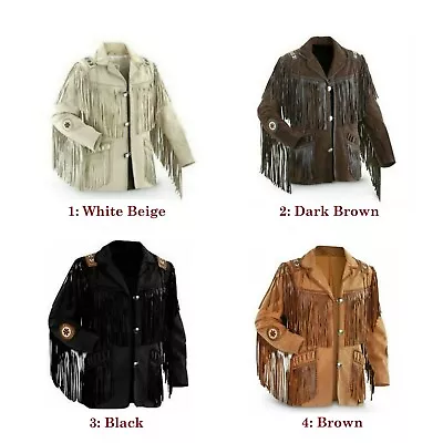 Men Western Cowboy Suede Fringe Jacket Beaded Native American Leather Jacket Opt - Image 1 of 4