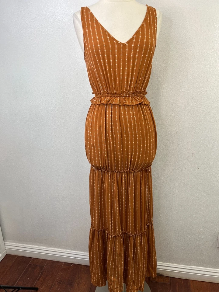 Vestido largo a rayas marrón blanco sin mangas Lucky Brand para mujer talla S Foto 1 de 4