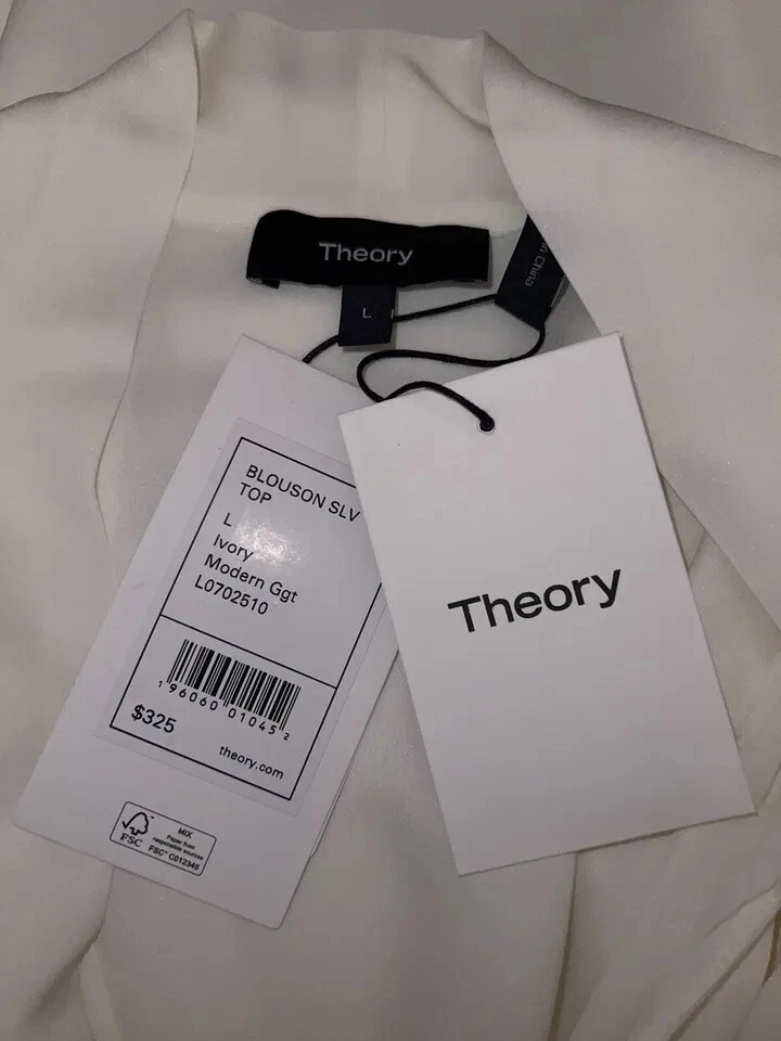 THEORY SzM SILK TIE NECK BALLON LONG SLEEVE TOP BLOUSE IVORY