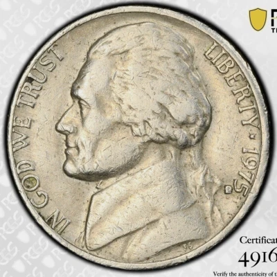 PCGS XF-45! 1975-D HIGH D MISPLACED MINTMARK JEFFERSON NICKEL - Image 1 of 3