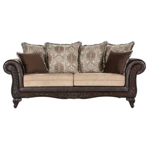 DARK BROWN FAUX LEATHER CARVED WOOD ROLLED ARM SOFA FURNITURE - Picture 1 of 5