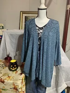 LulaRoe Lindsay Blue Lace Black Lined 3/4 Sleeve Kimono Cover Up Size Large - Picture 1 of 9