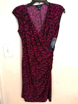 Chaps Womens Knee Length Dress PM Purple Black Sleeveless Crossed Bodice Ruched - Image 1 of 3
